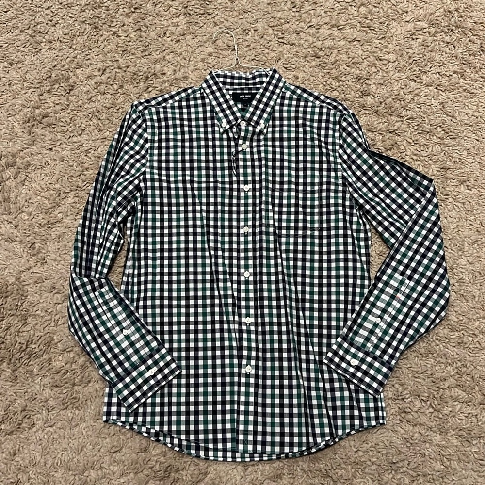 Men's Jack Spade Palmer Gingham LS Shirt Green, Navy Blue Check Large